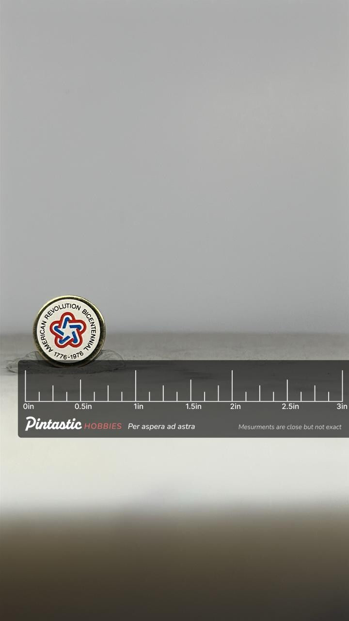 American Revolution Bicentennial Pin: Red White Blue Enamel - 1976 Patriotic Accessory with ruler overlay for size reference