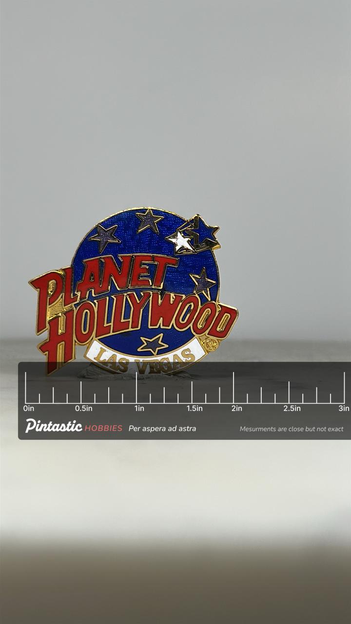Planet Hollywood Las Vegas Pin: Red & Blue Enamel - 90s Collectible Accessory with ruler overlay for size reference