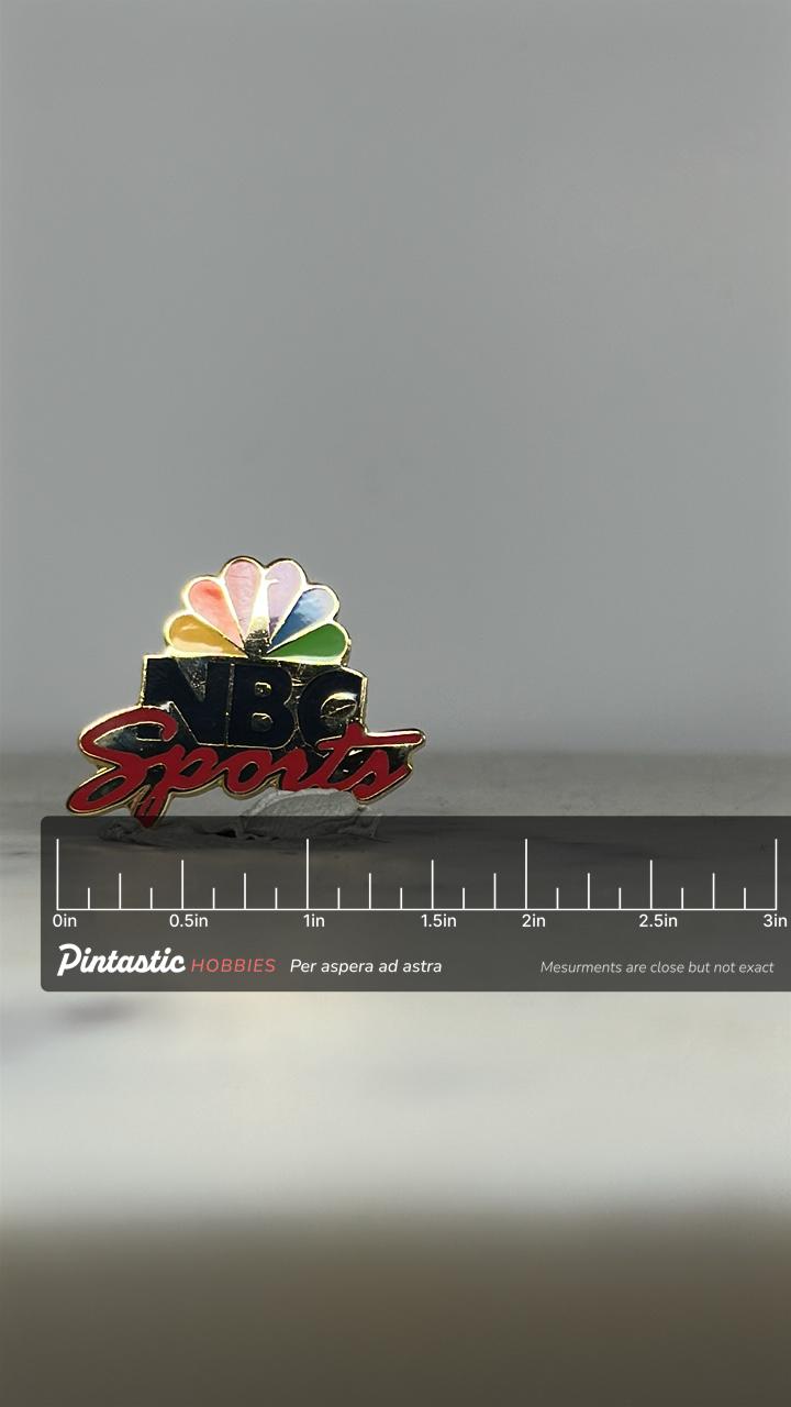 NBC Sports Enamel Pin: Multicolor Gold Finish - Vintage TV Accessory with ruler overlay for size reference