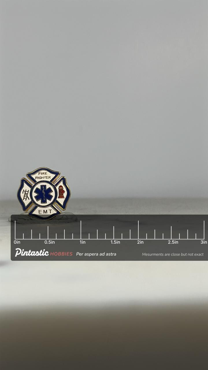 Firefighter EMT Enamel Pin: Blue & White Shield - First Responder Accessory with ruler overlay for size reference