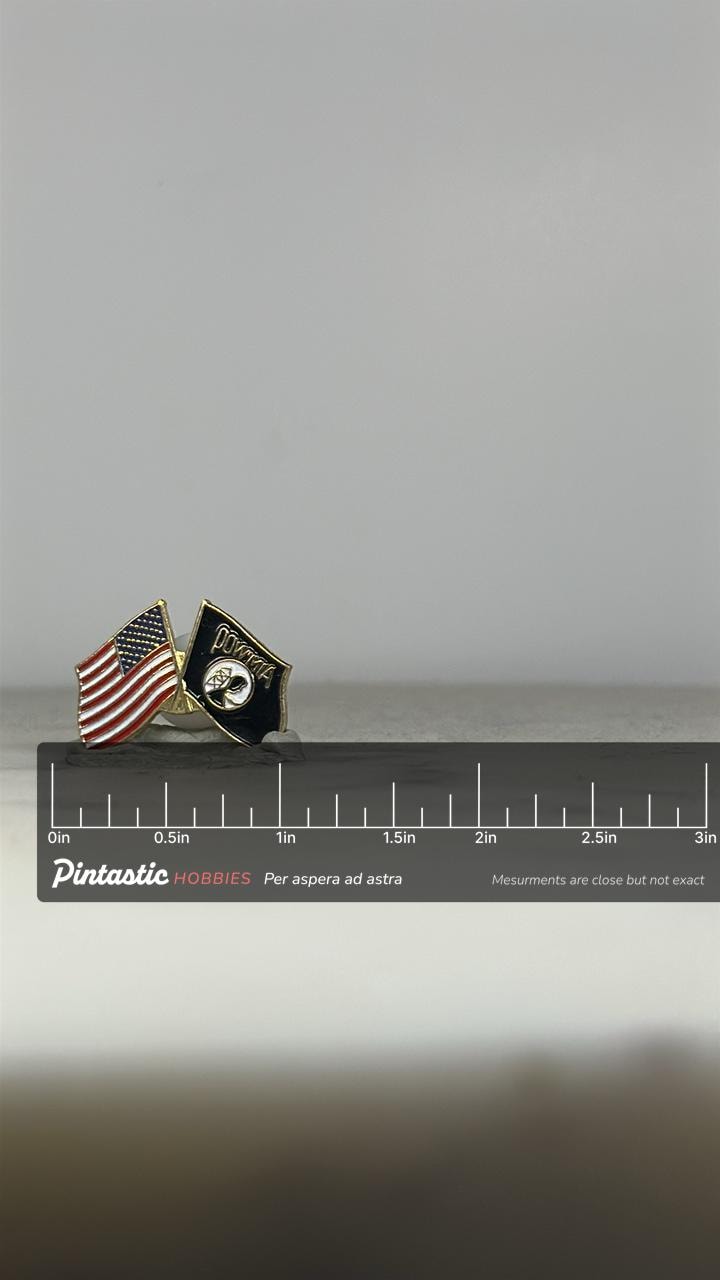 American & POW MIA Flag Pin: Gold Tone Enamel - Patriotic Veteran Accessory with ruler overlay for size reference
