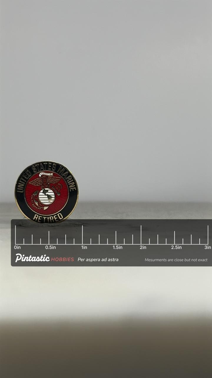 US Marine Corps Retired Pin: Gold & Red Enamel - Military Tribute Accessory with ruler overlay for size reference