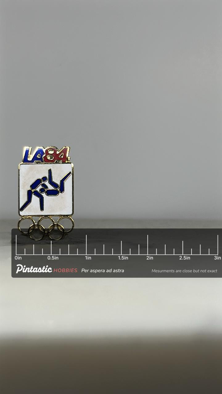 LA 1984 Olympic Judo Pin: Red White Blue Enamel - Vintage Sports Accessory with ruler overlay for size reference