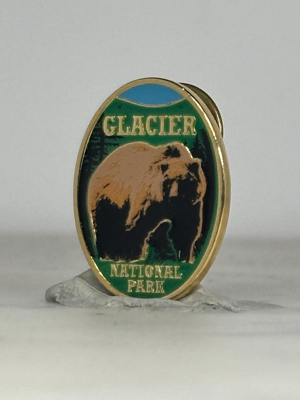 Glacier National Park Enamel Pin: Gold Trim Bear Design - Vintage Travel Accessory