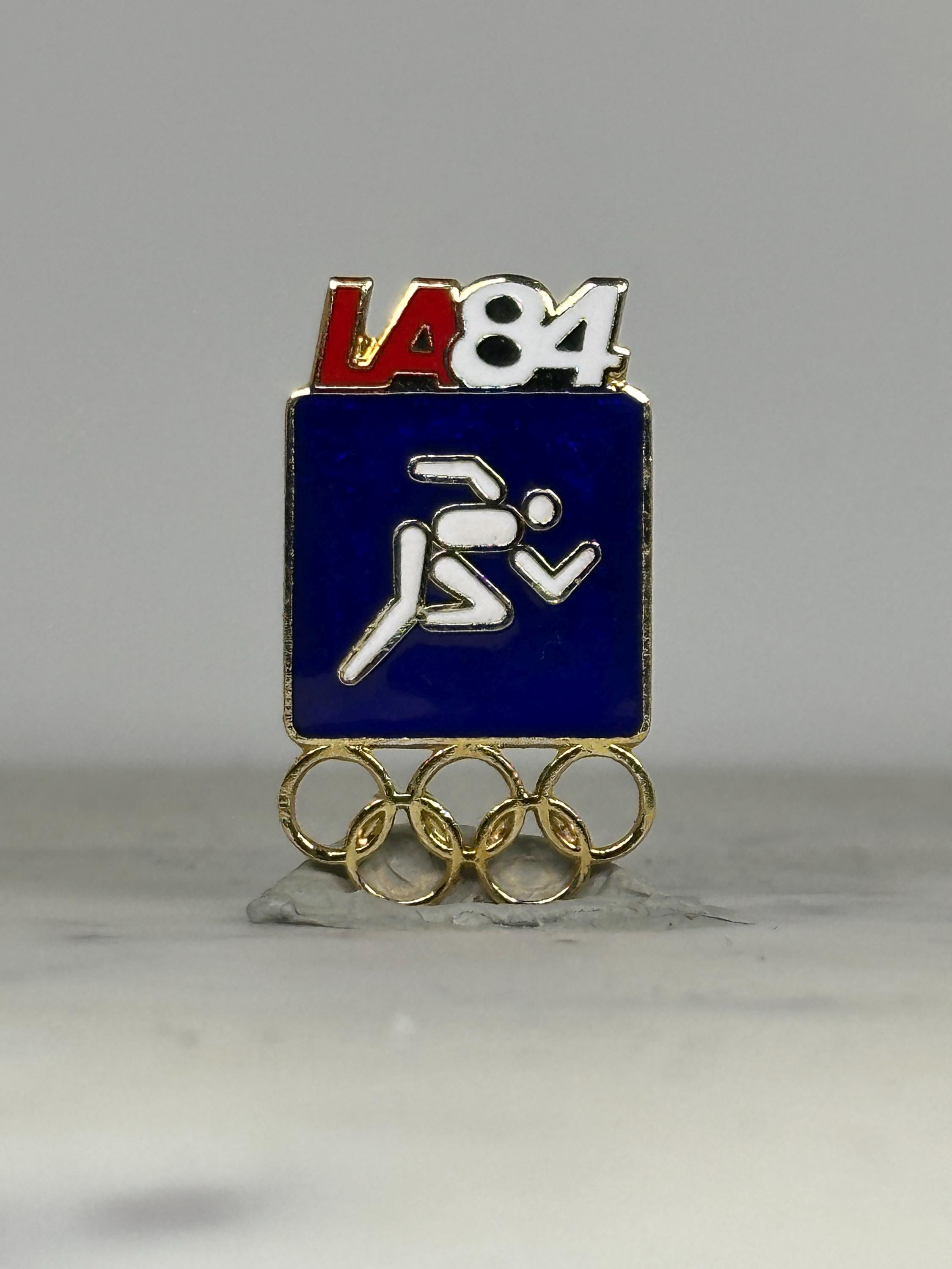 LA 1984 Olympics Running Pin: Blue Enamel Gold Finish - Vintage Sports Accessory