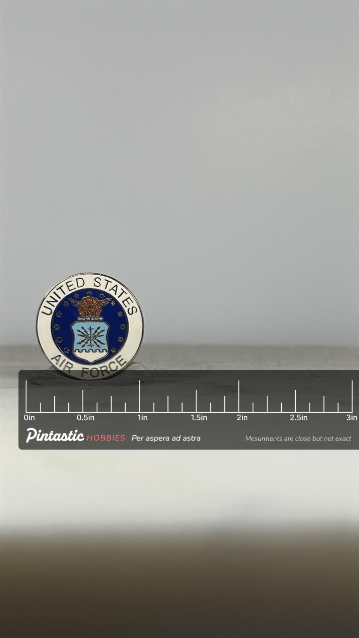 United States Air Force Pin: Blue & Silver Enamel - Military Pride Accessory with ruler overlay for size reference