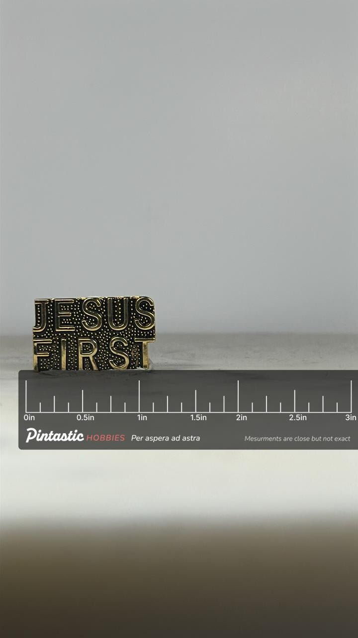 Jesus First Enamel Pin: Textured Gold Tone - Faith-Based Accessory with ruler overlay for size reference