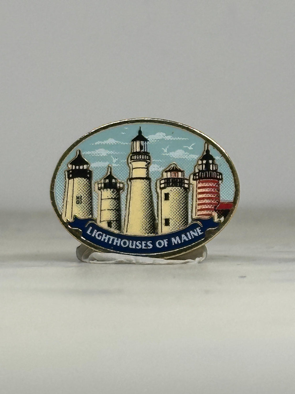 Lighthouses of Maine Enamel Pin: Oval Scenic Design - Coastal Souvenir Accessory