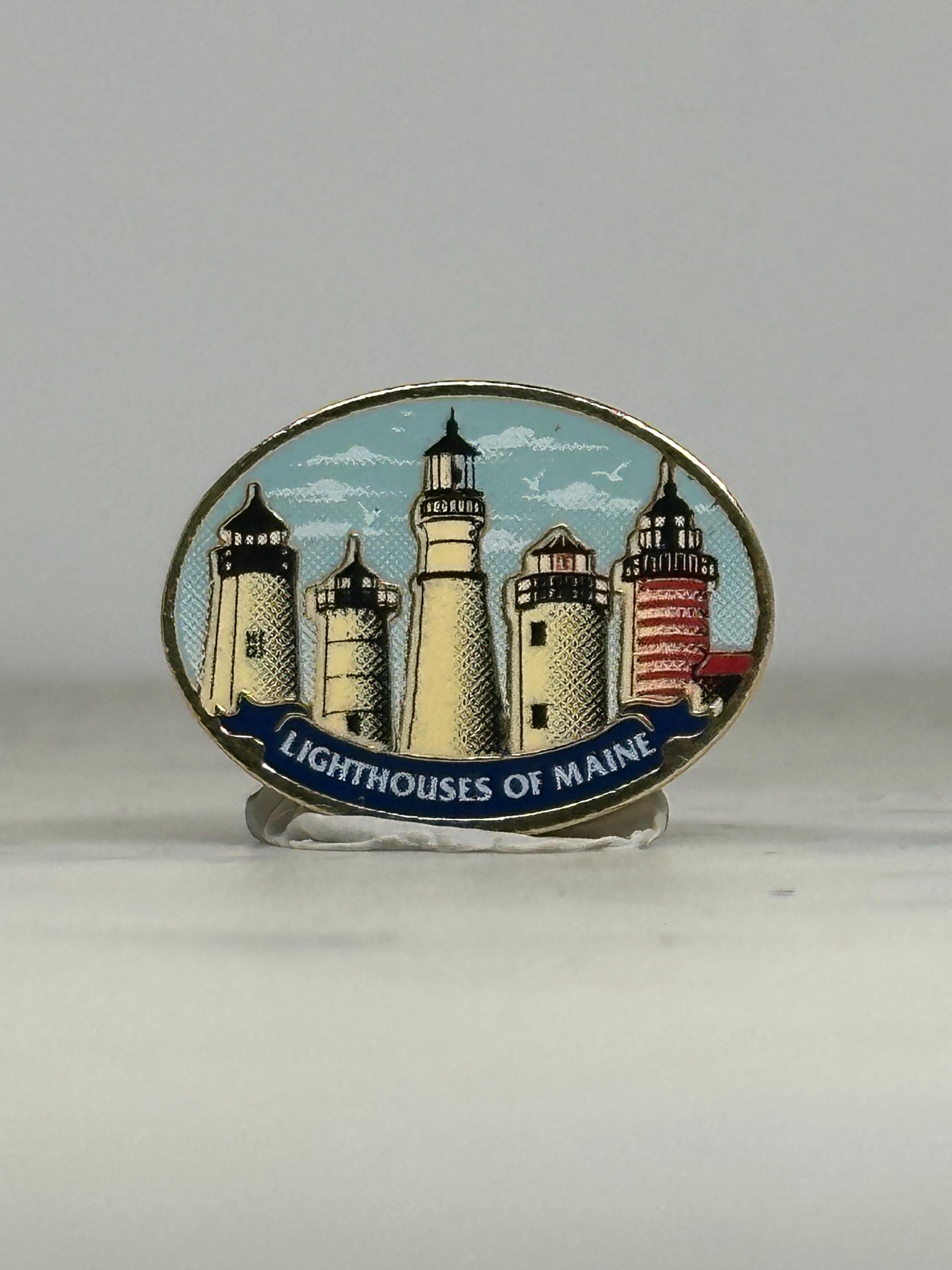 Lighthouses of Maine Enamel Pin: Oval Scenic Design - Coastal Souvenir Accessory