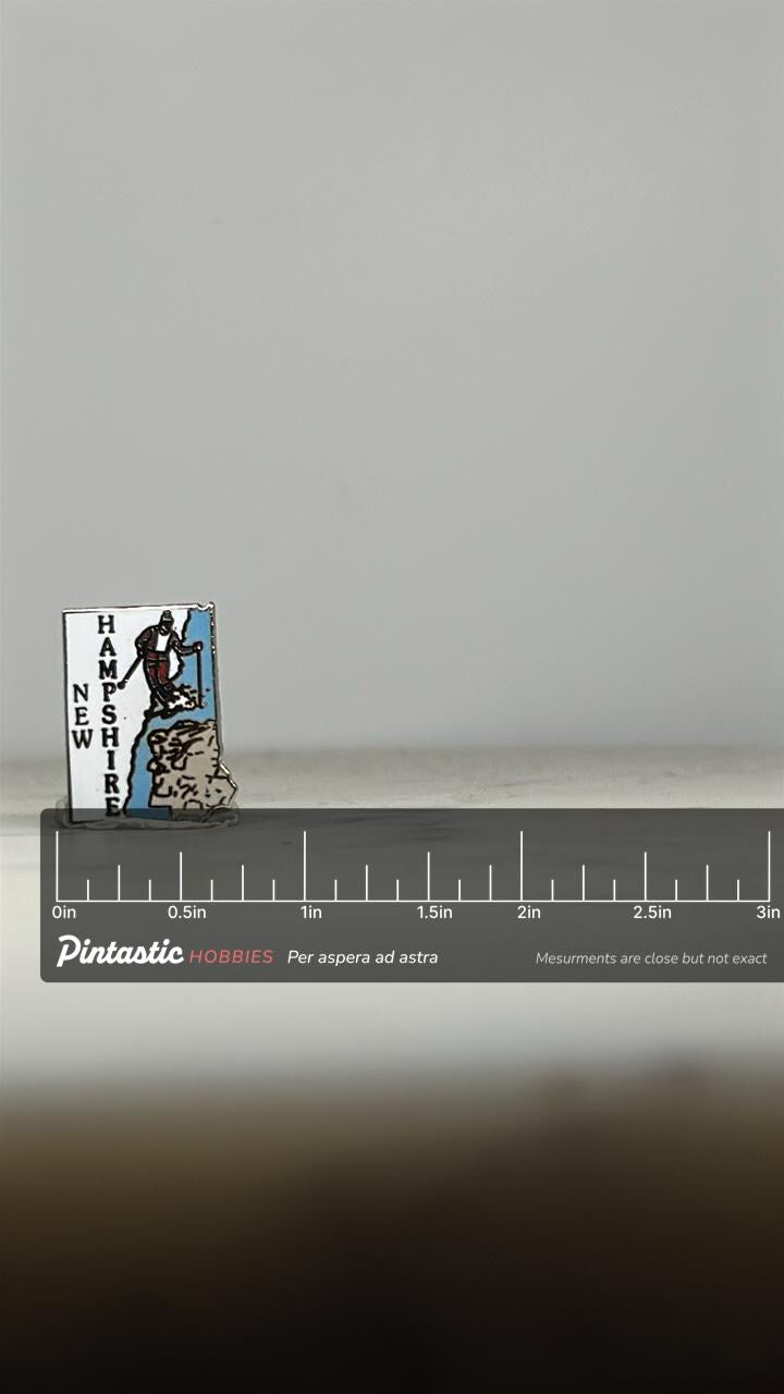 New Hampshire State Pin: Skier Design Enamel - Vintage Travel Accessory with ruler overlay for size reference