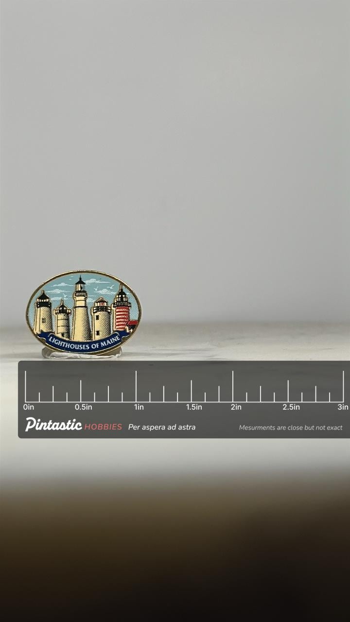 Lighthouses of Maine Enamel Pin: Oval Scenic Design - Coastal Souvenir Accessory with ruler overlay for size reference
