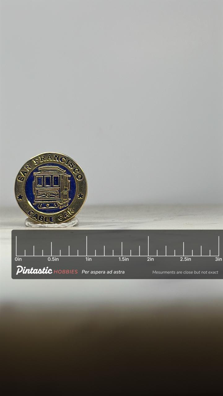 San Francisco Cable Car Pin: Gold Enamel Round - Vintage Travel Accessory with ruler overlay for size reference