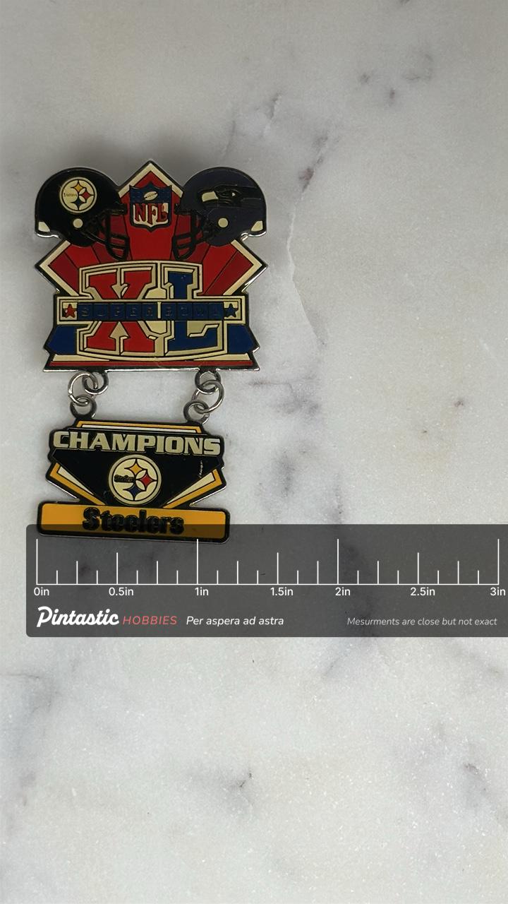 Super Bowl XL Steelers Pin: Red Blue Black Enamel - 2006 NFL Champions Accessory with ruler overlay for size reference