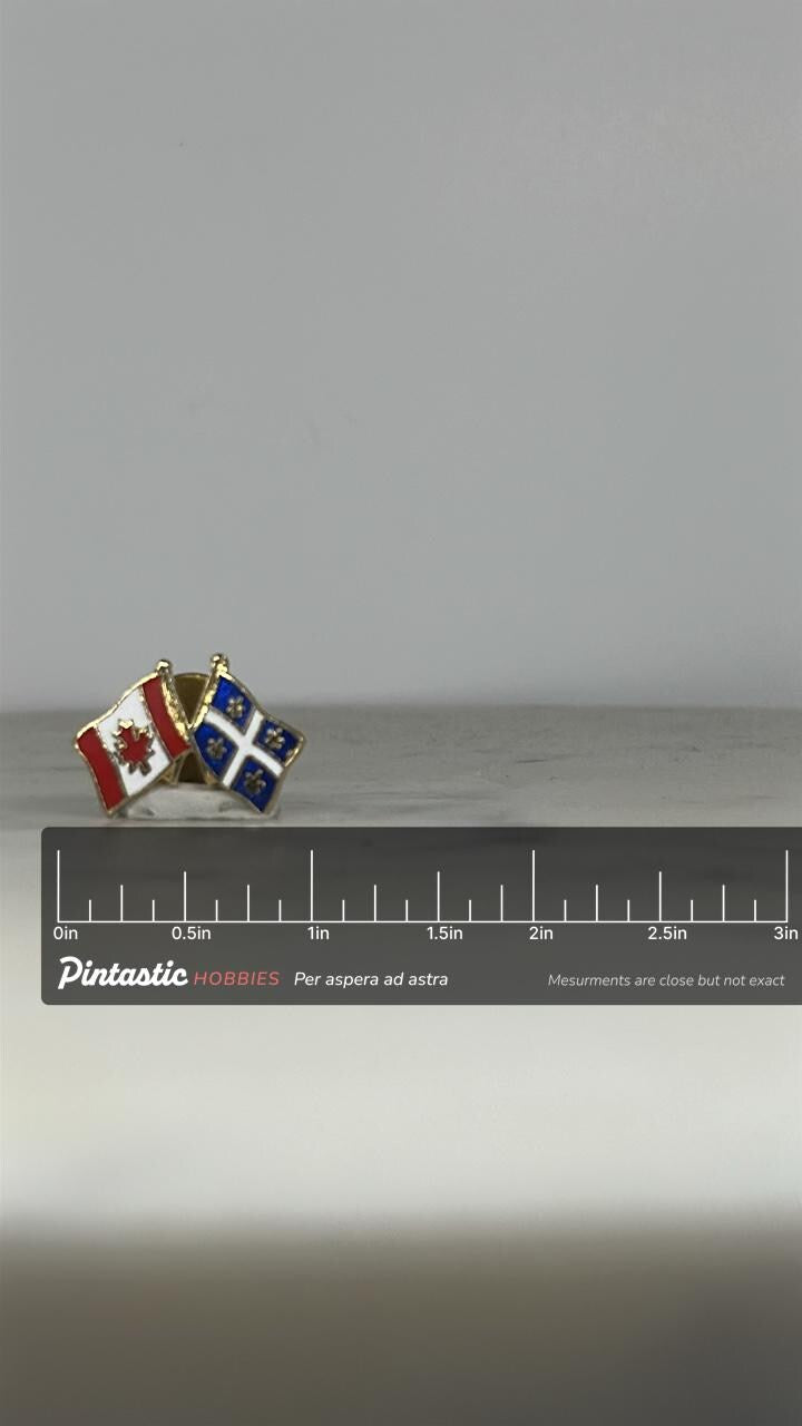 Canada Quebec Flag Pin: Gold Trim Enamel - Patriotic Accessory with ruler overlay for size reference