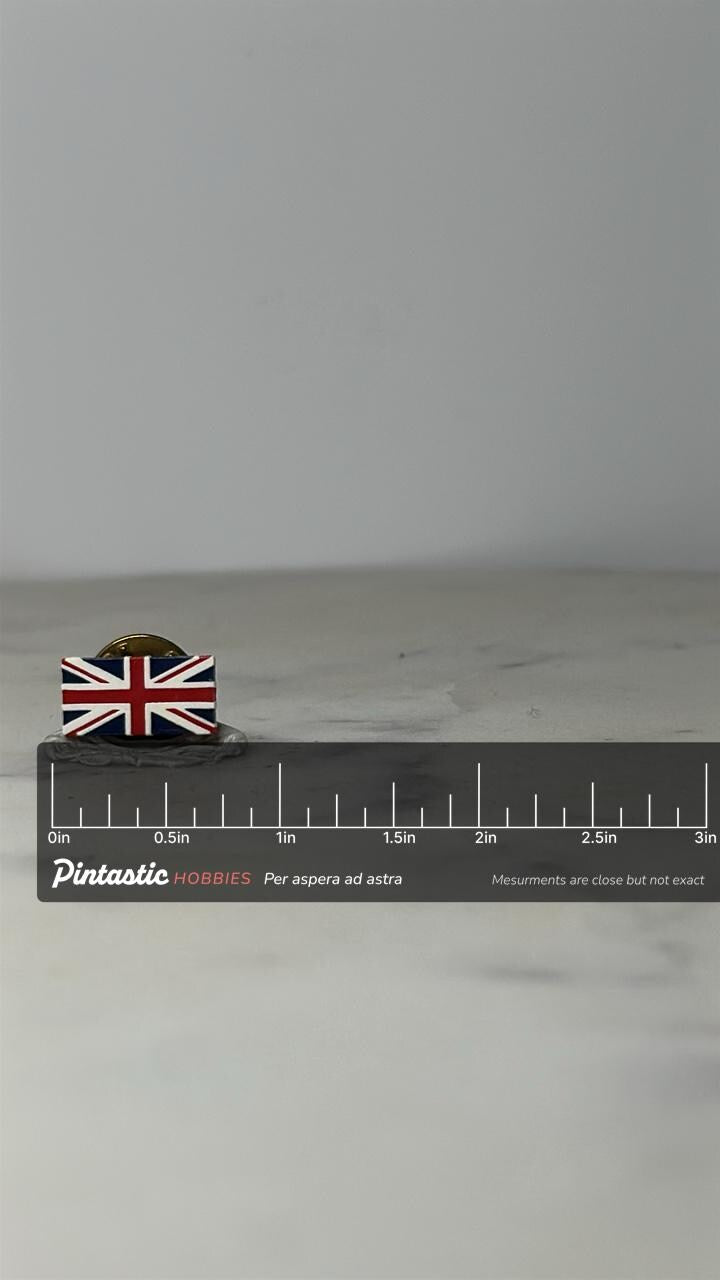 UK Union Jack Flag Lapel Pin: Red White Blue Enamel - Vintage Travel Accessory with ruler overlay for size reference
