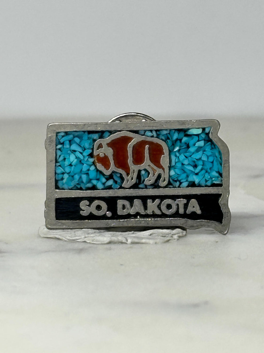 South Dakota State Pin: Turquoise Mosaic Bison - Vintage Souvenir Accessory