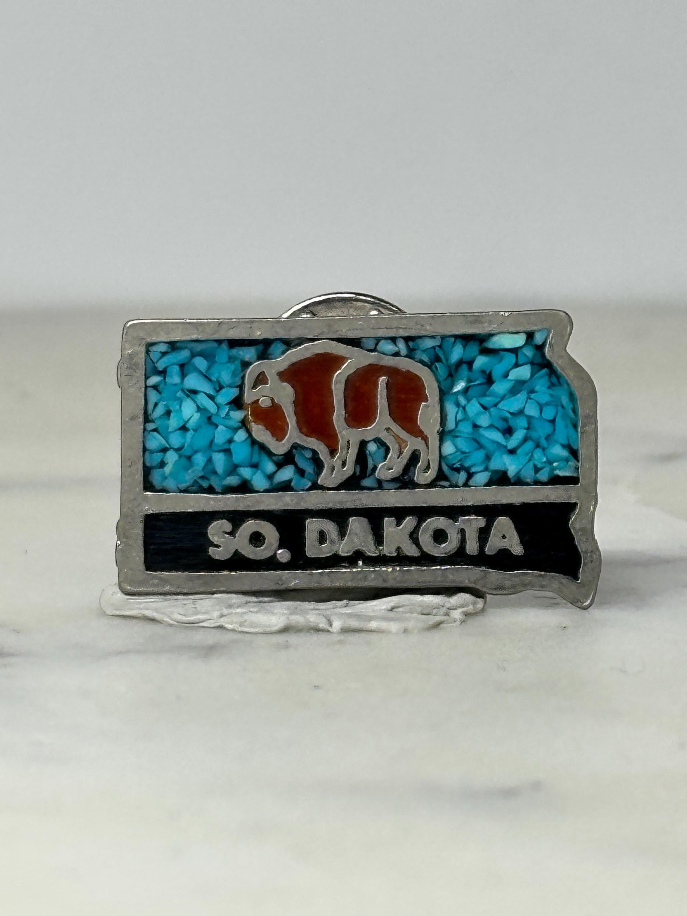 South Dakota State Pin: Turquoise Mosaic Bison - Vintage Souvenir Accessory