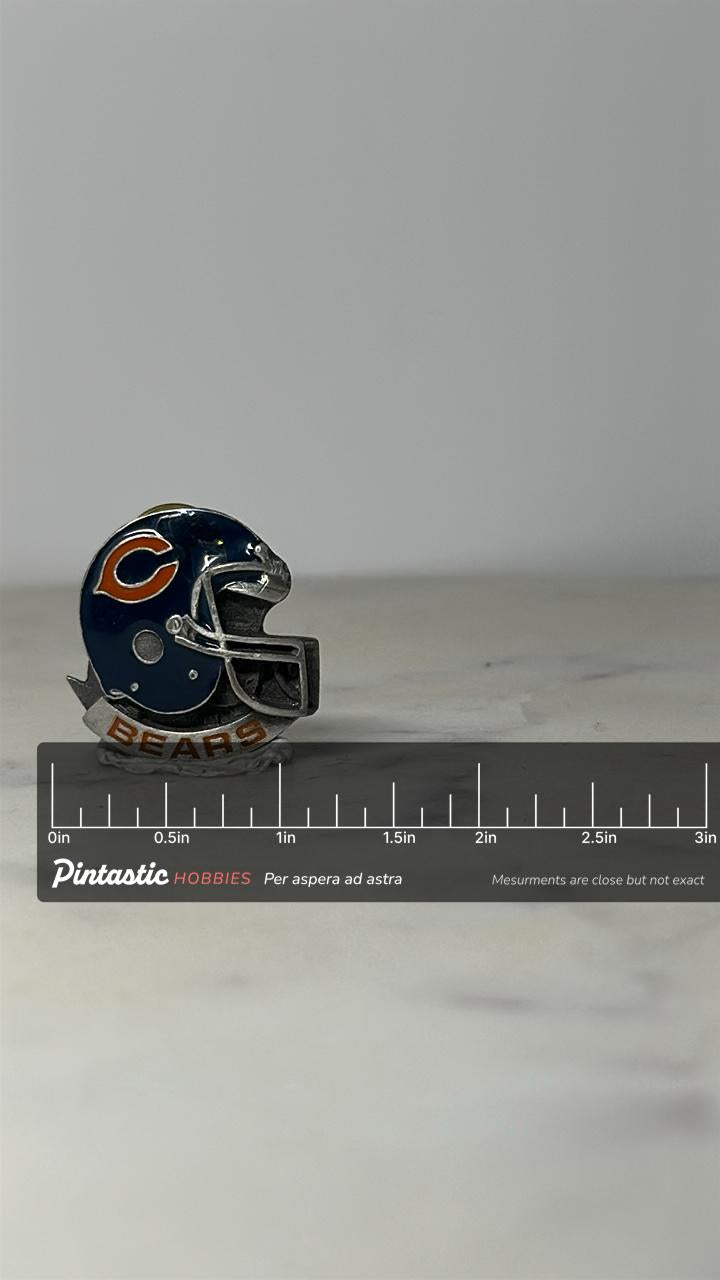 Chicago Bears Helmet Pin: Navy & Silver Enamel - Vintage NFL Accessory with ruler overlay for size reference