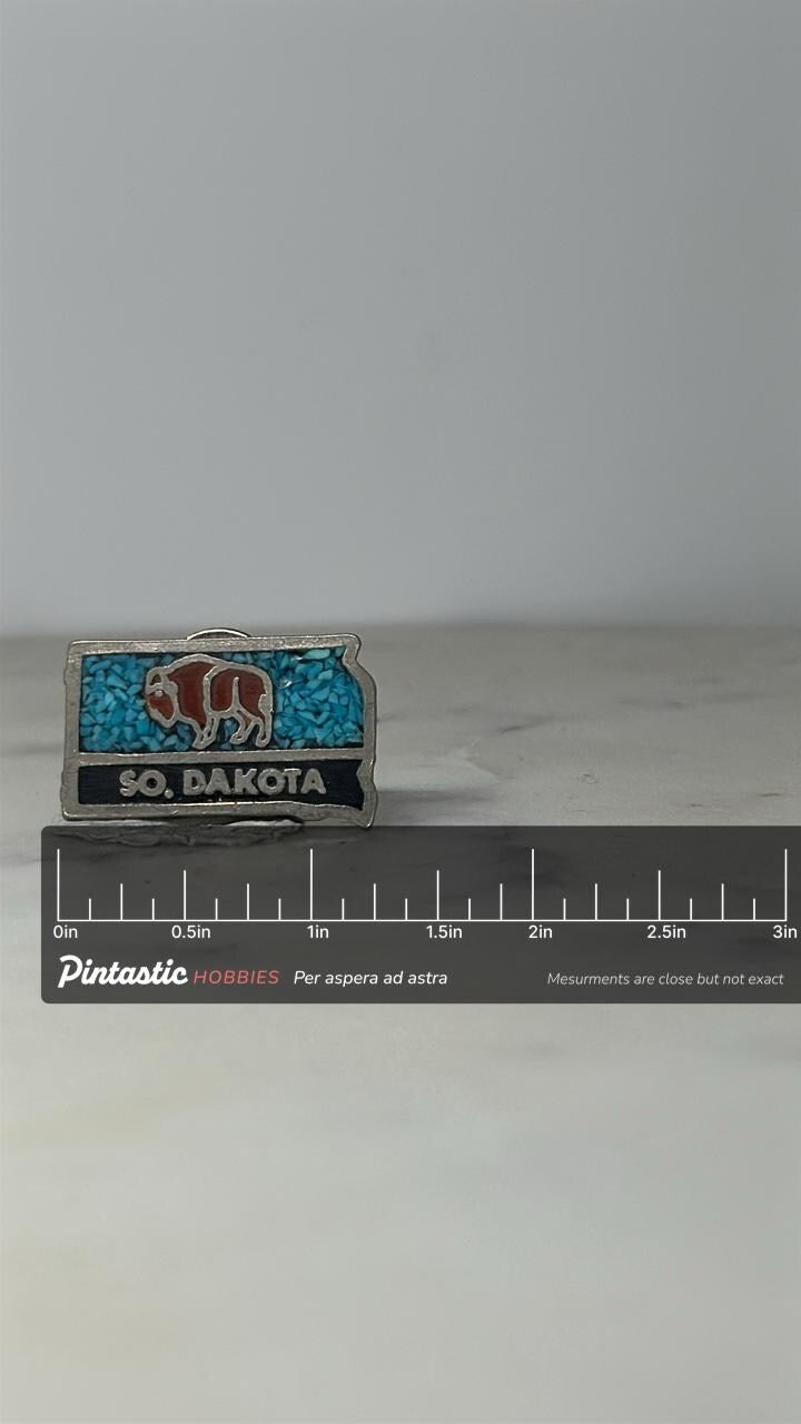 South Dakota State Pin: Turquoise Mosaic Bison - Vintage Souvenir Accessory with ruler overlay for size reference