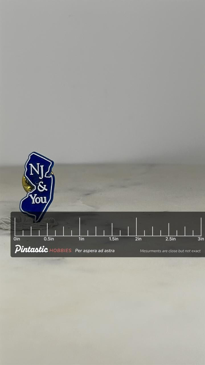 New Jersey State Pin: Blue Enamel Finish - 1980s Souvenir Accessory with ruler overlay for size reference