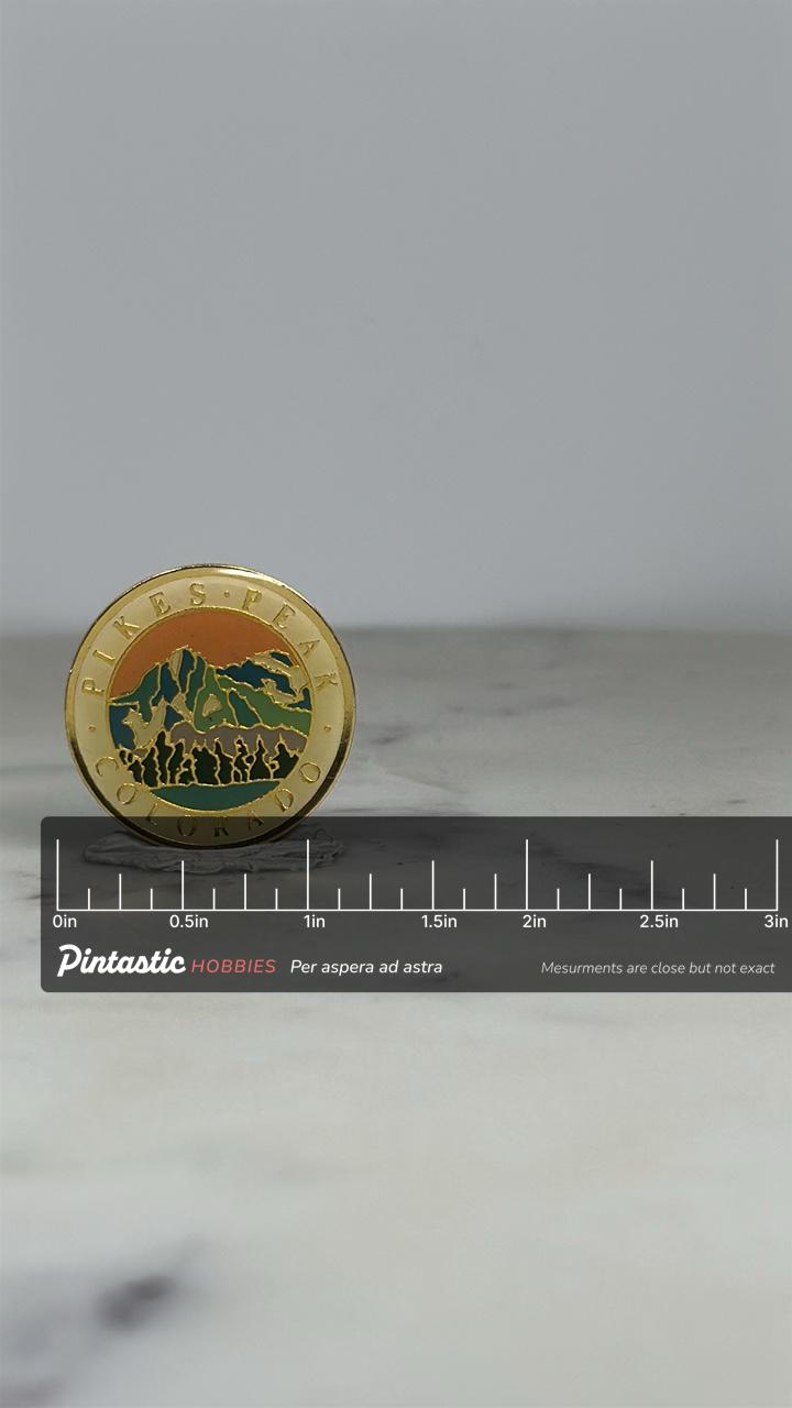 Pikes Peak Colorado Pin: Gold Enamel Finish - Scenic Souvenir Accessory with ruler overlay for size reference