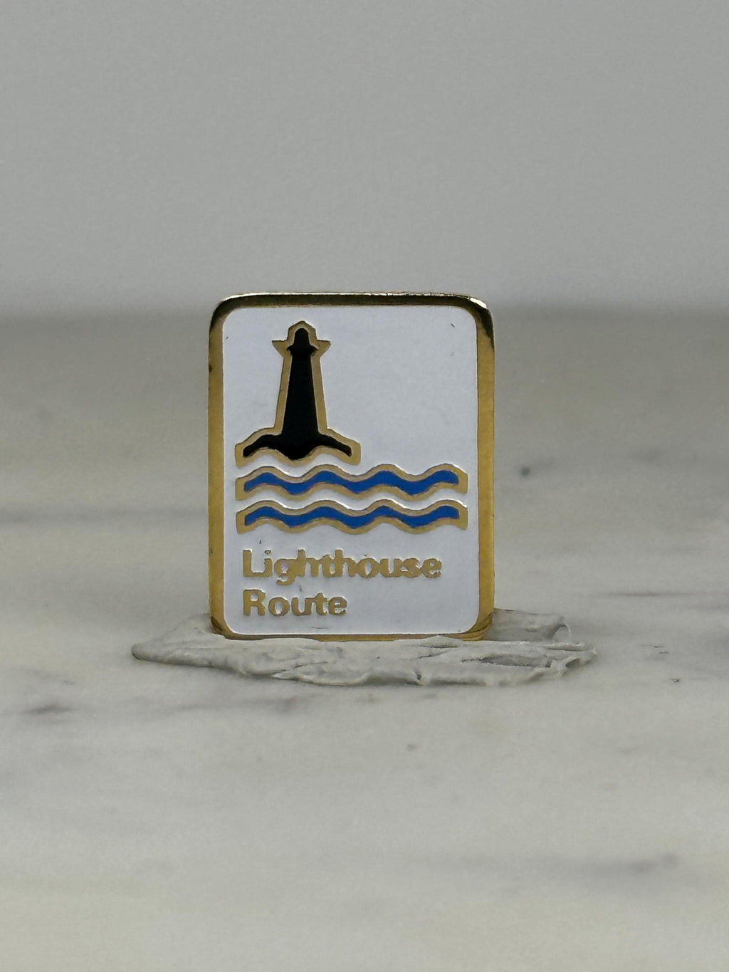 Lighthouse Route Pin: Gold Trim & Enamel - Vintage Coastal Accessory