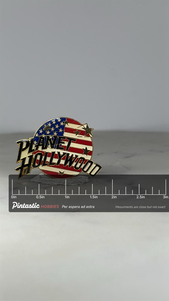 Planet Hollywood Pin: American Flag Enamel - 90s Collectible Accessory with ruler overlay for size reference