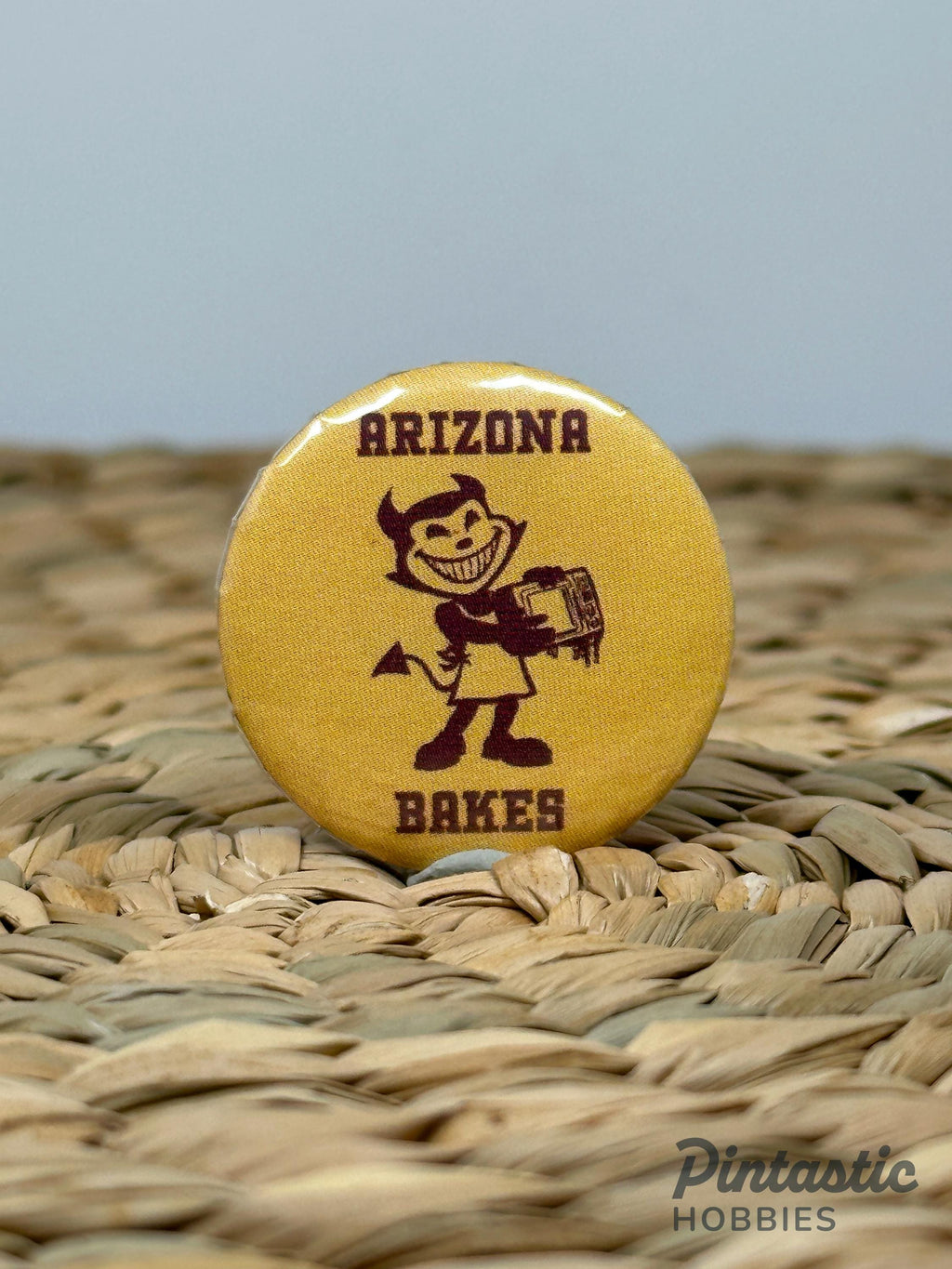 Arizona State Inspired "Arizona Bakes" 1.25 Inch Button Pin | University Style Parody Gift with ruler overlay for size refere