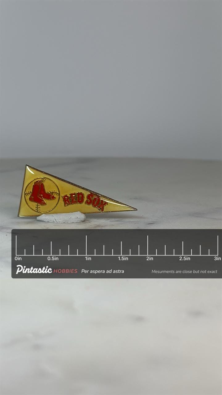 Boston Red Sox Pennant Pin: Yellow Enamel Finish - Vintage Sports Accessory with ruler overlay for size reference