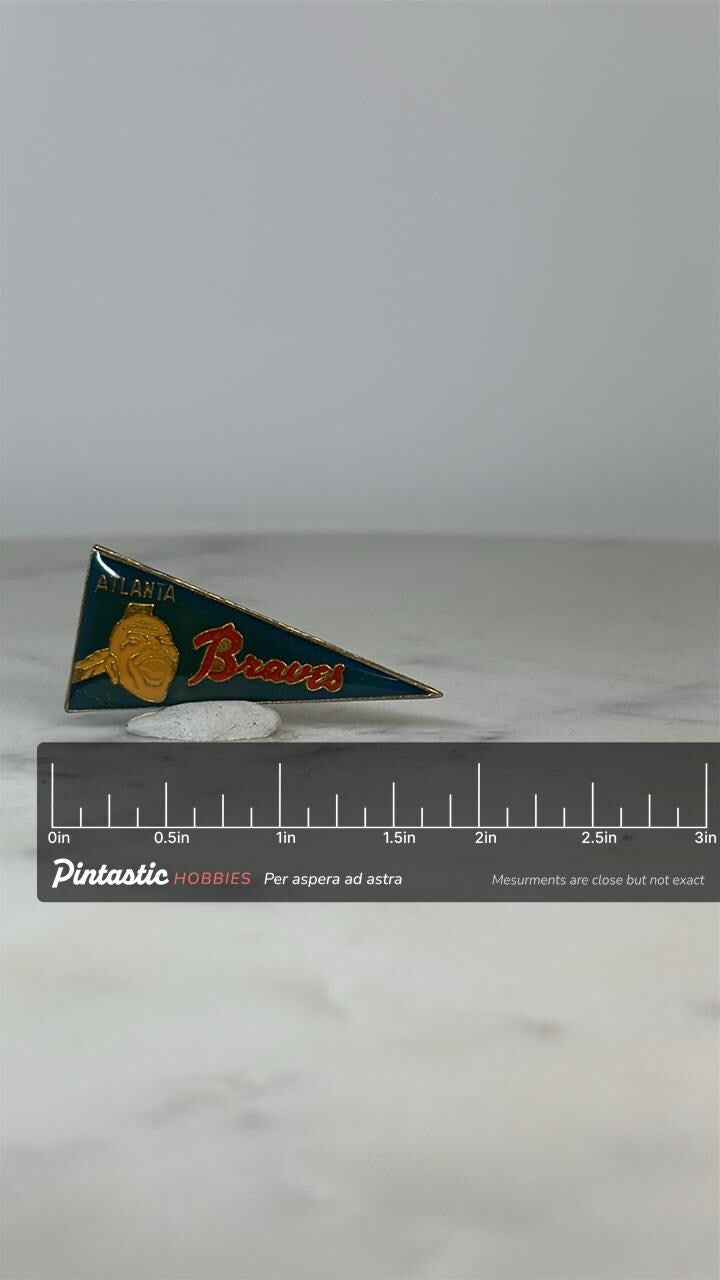 Atlanta Braves Pennant Pin: Green Enamel Finish - Vintage Sports Accessory with ruler overlay for size reference