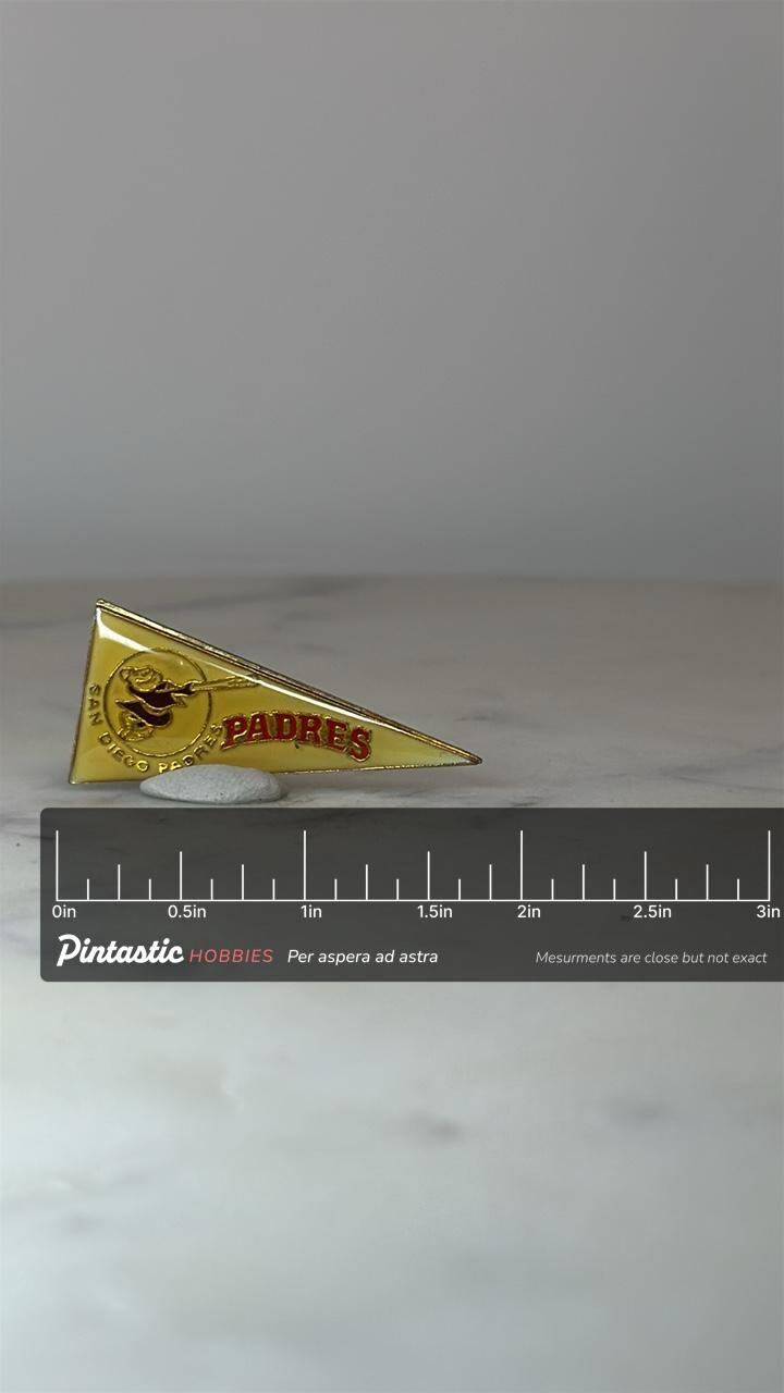 San Diego Padres Pennant Pin: Yellow Enamel - Vintage Sports Accessory with ruler overlay for size reference