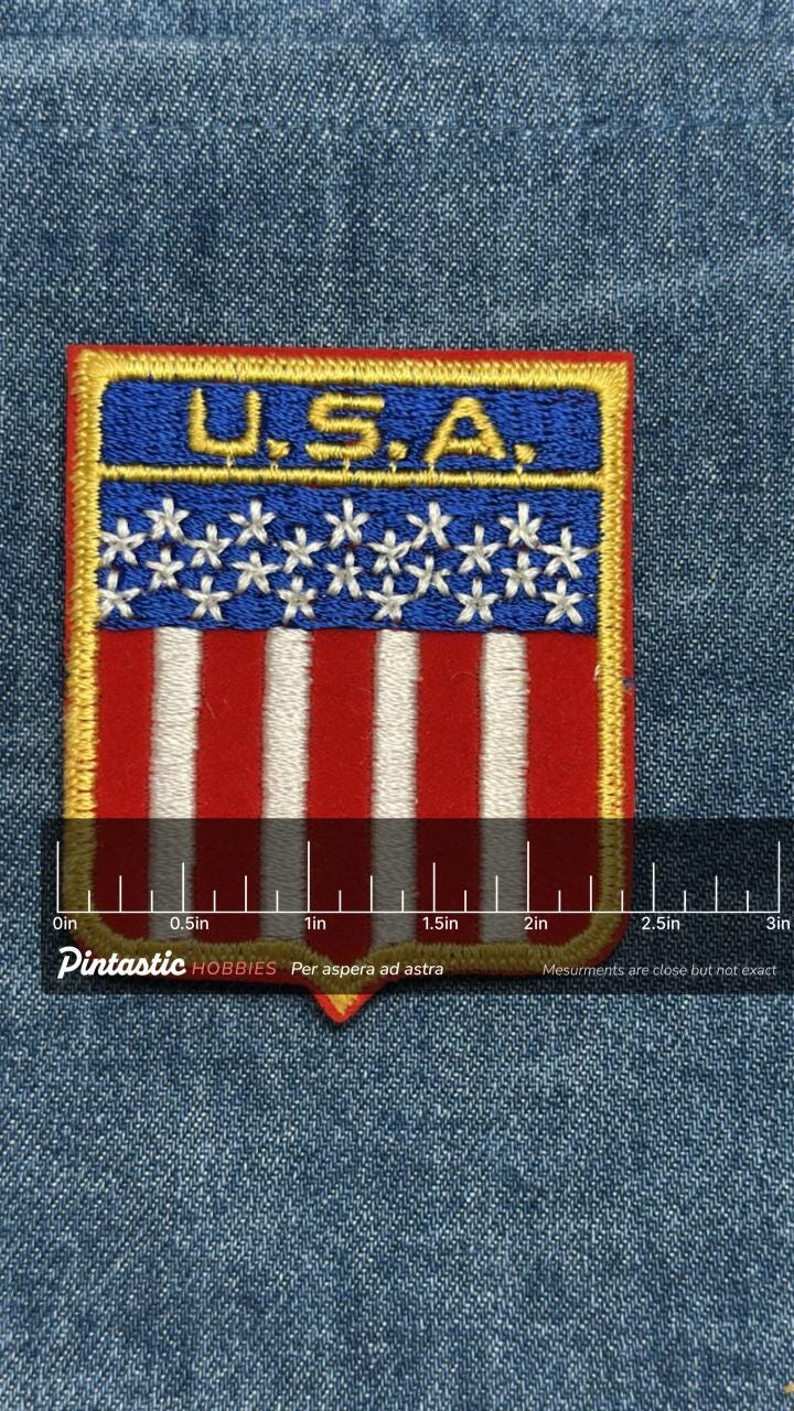 U.S.A. Flag Iron On Patch: Red White Blue Embroidered - Vintage Patriotic Accessory with ruler overlay for size reference
