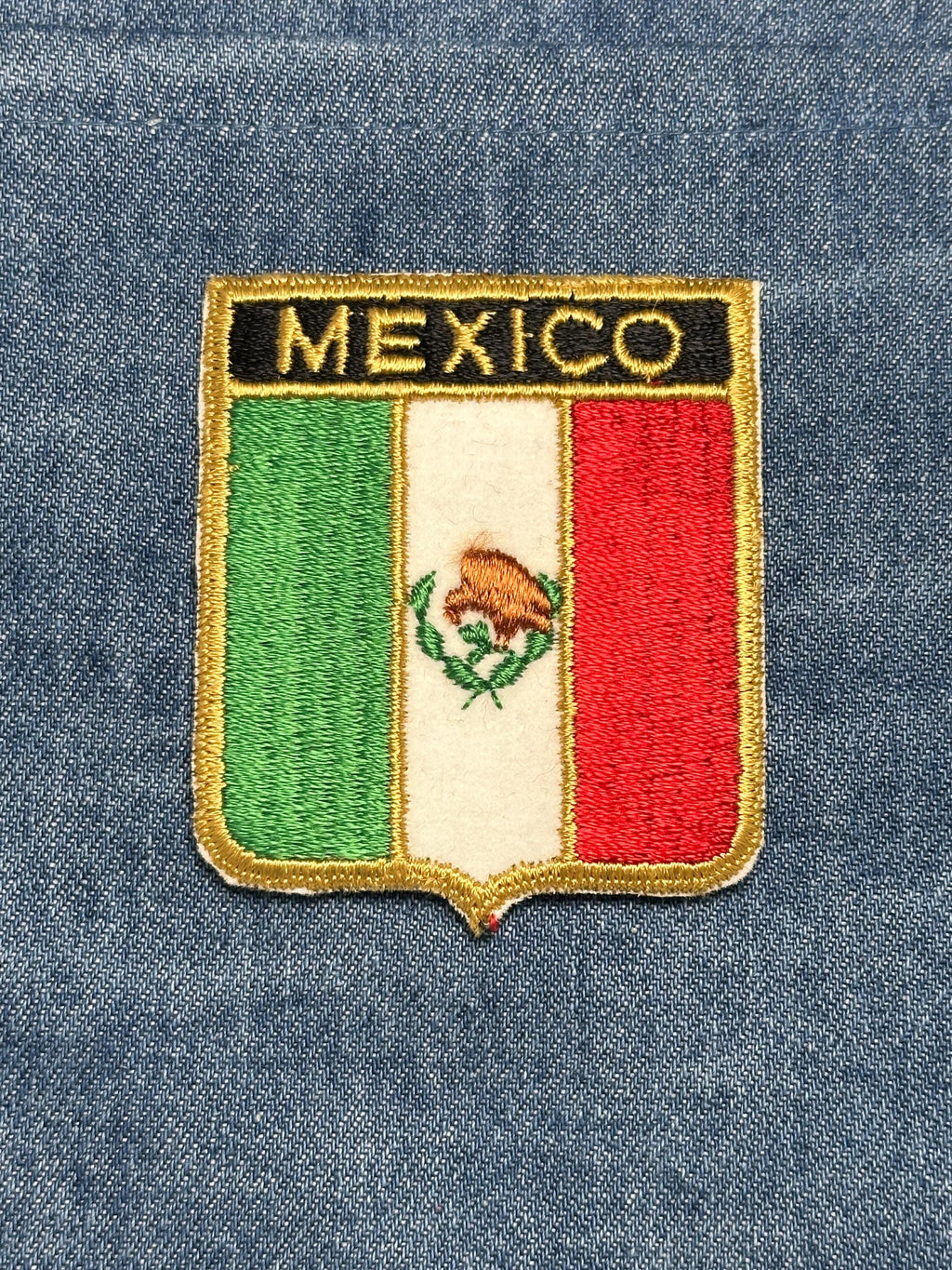 Mexico Flag Iron On Patch: Embroidered Gold Border - Vintage Travel Accessory