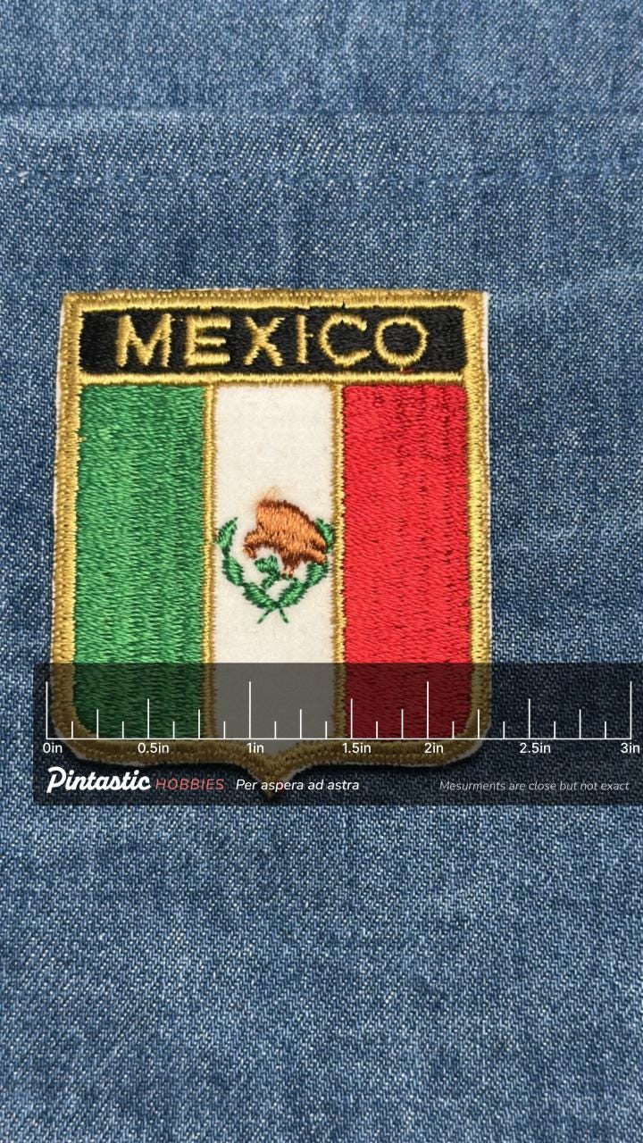 Mexico Flag Iron On Patch: Embroidered Gold Border - Vintage Travel Accessory with ruler overlay for size reference