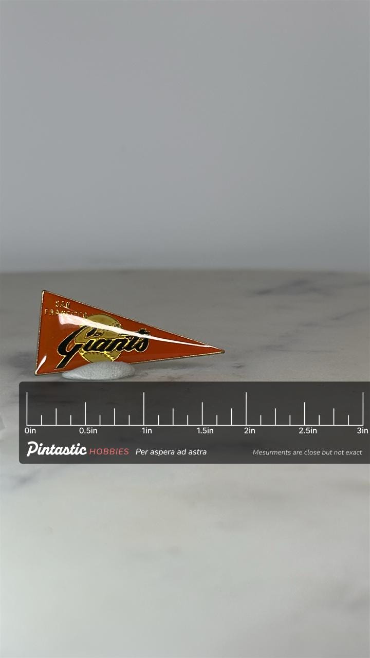 San Francisco Giants Pin: Orange Pennant Gold Enamel - Vintage Sports Accessory with ruler overlay for size reference