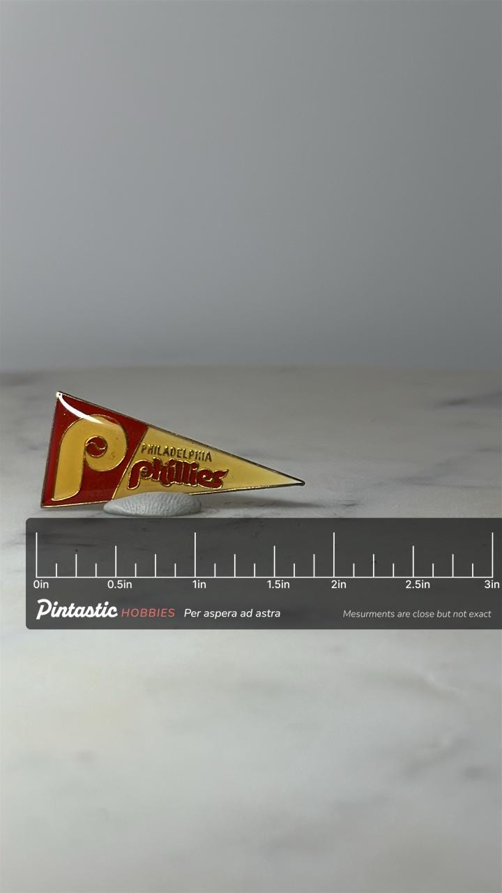 Philadelphia Phillies Pennant Pin: Red & Yellow Enamel - Vintage Sports Accessory with ruler overlay for size reference