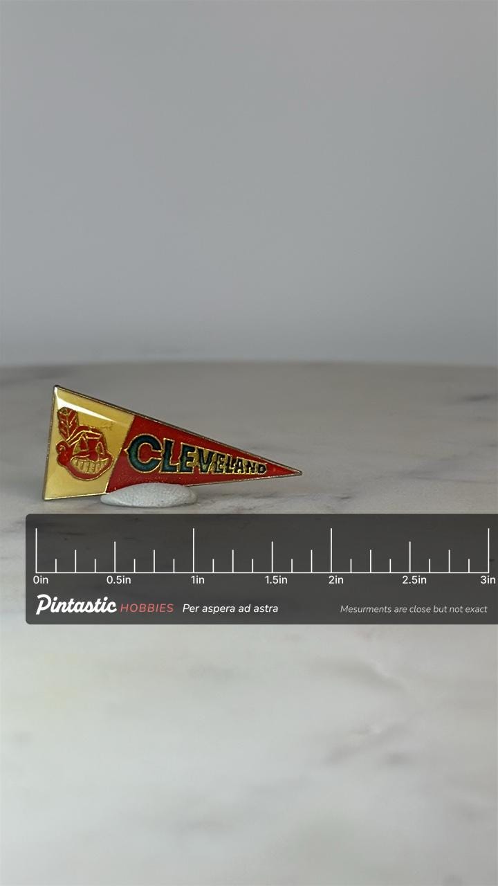 Cleveland MLB Pennant Pin: Red Yellow Enamel - Vintage Sports Accessory with ruler overlay for size reference