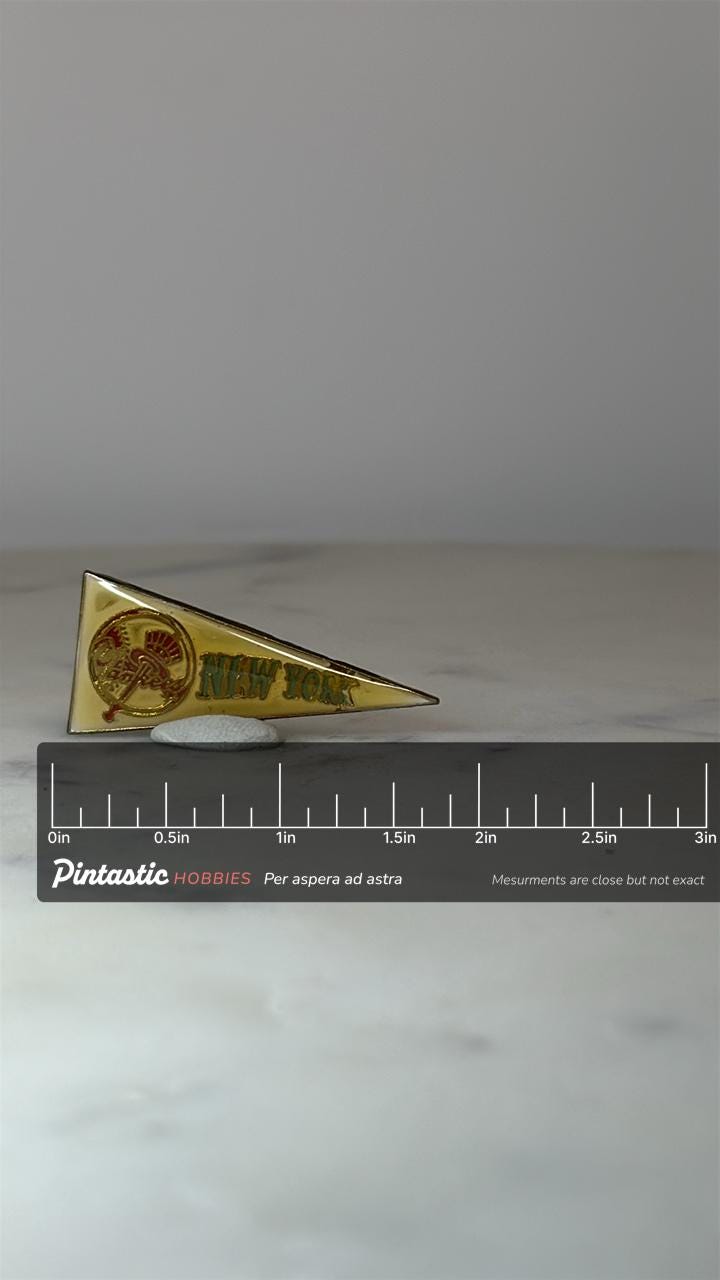 Vintage New York Yankess Pennant Collectible Pin: Yellow Enamel Finish - Souvenir Accessory with ruler overlay for size refer