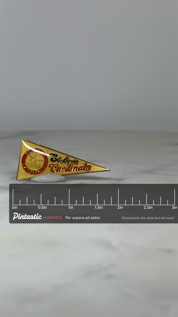 St. Louis Cardinals Pennant Pin: Yellow Red Enamel - Vintage Sports Accessory with ruler overlay for size reference
