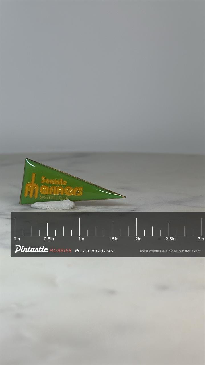 Seattle Mariners Pennant Pin: Green Gold Enamel - Vintage Sports Accessory with ruler overlay for size reference