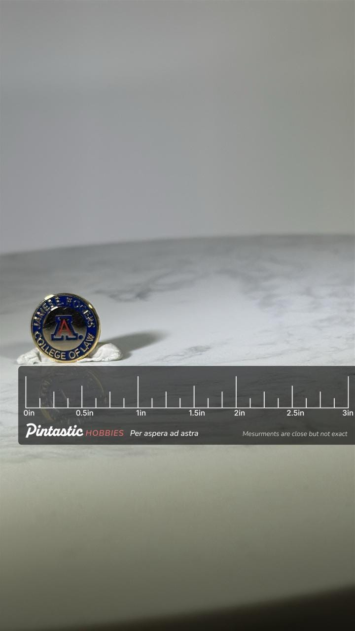 University of Arizona Law School Pin: Gold & Blue Enamel - College Collectible Accessory with ruler overlay for size referenc