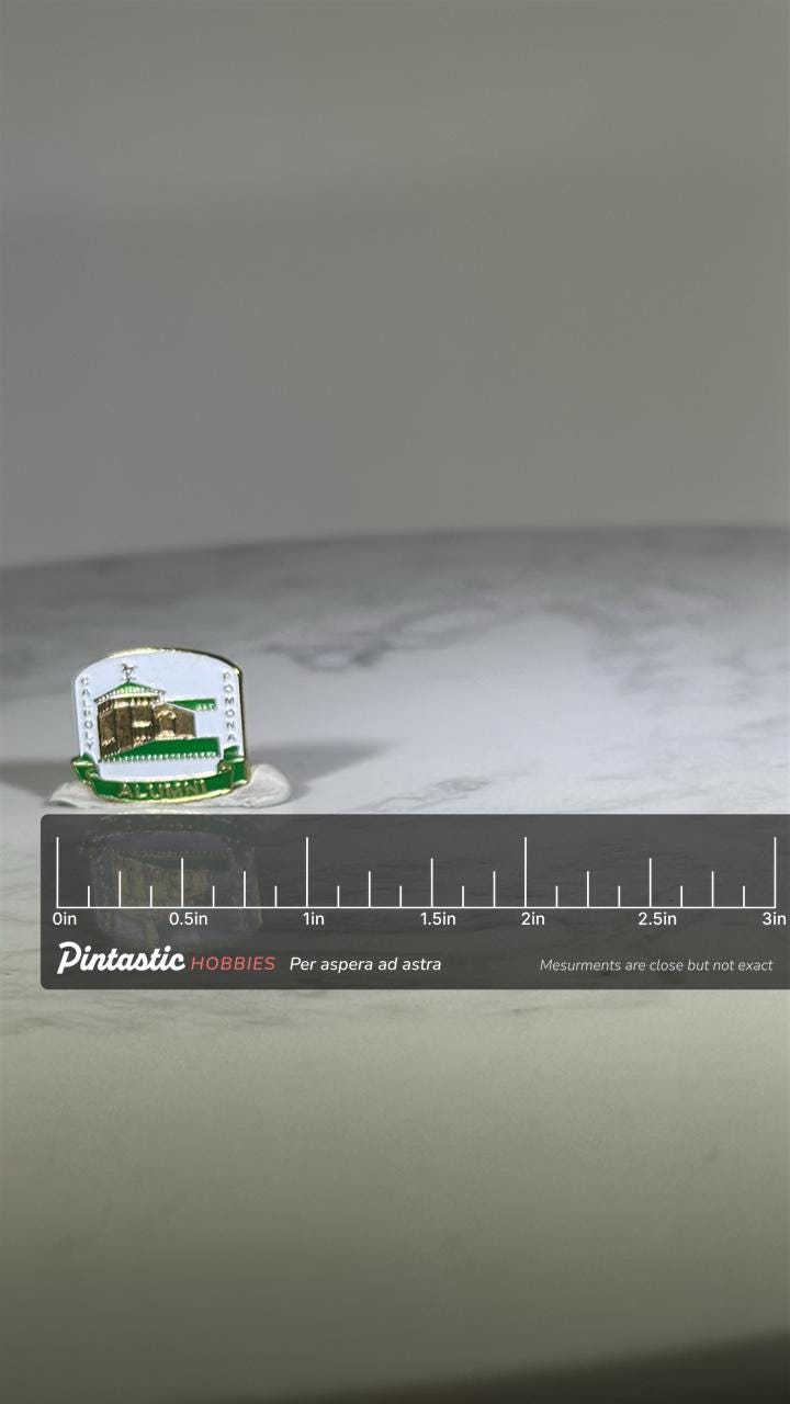 Cal Poly Pomona Alumni Pin: Green & Gold Enamel - College Pride Accessory with ruler overlay for size reference