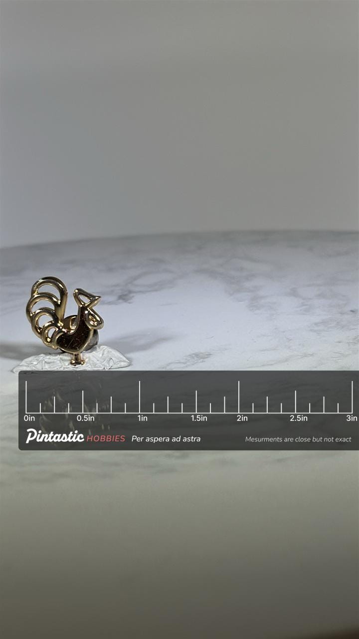 Rooster Pin: Gold Tone Glossy Finish - Vintage Farm Accessory with ruler overlay for size reference