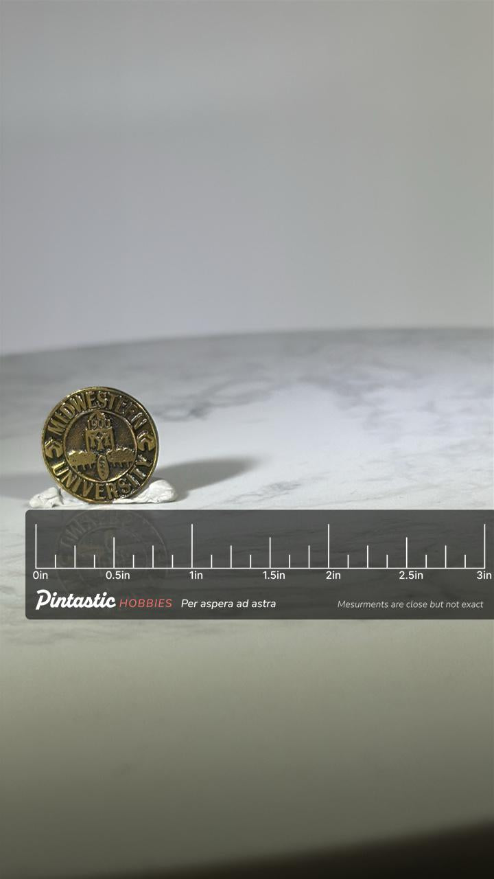 Midwestern University Pin: Gold Tone Finish - Vintage College Accessory with ruler overlay for size reference