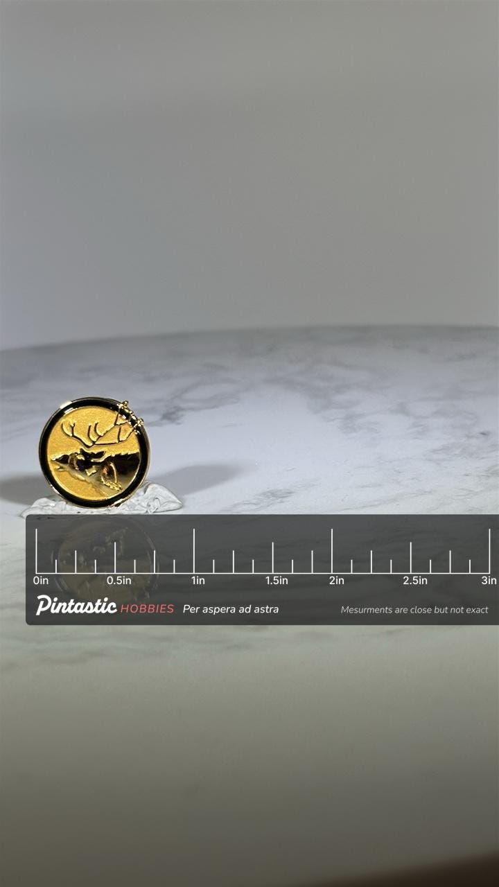 Elk Wildlife Pin: Gold Tone Round - Vintage Nature Accessory with ruler overlay for size reference