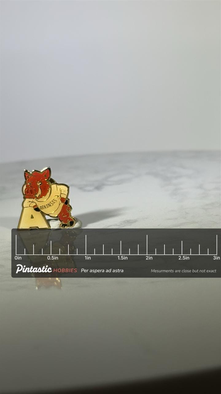 Arkansas Razorbacks Pin: Gold Red Enamel - Vintage College Accessory with ruler overlay for size reference