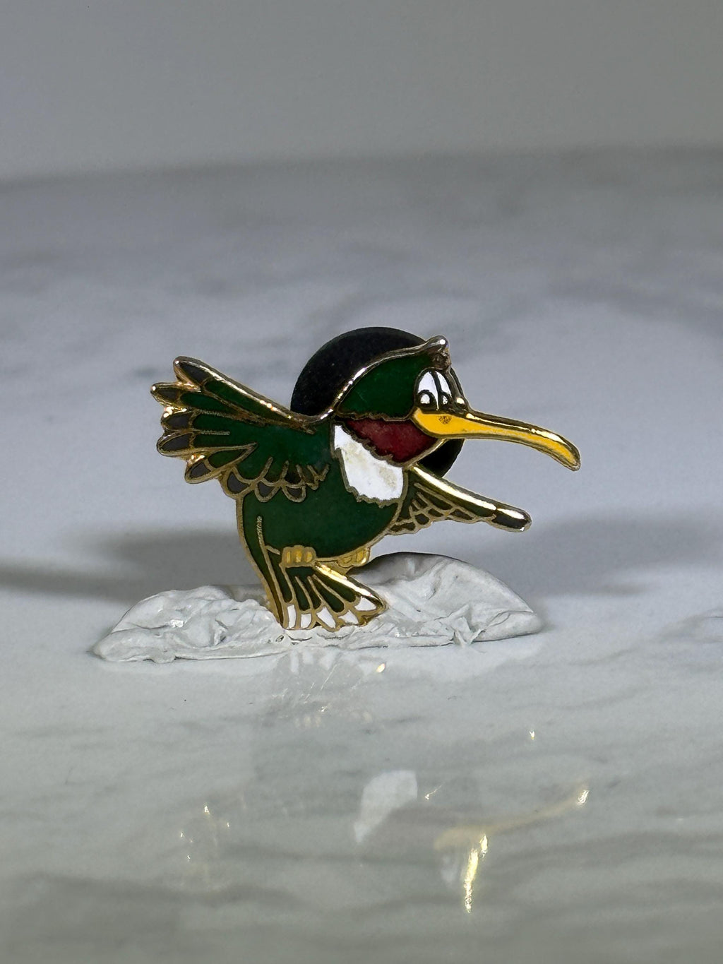 Cartoon Hummingbird Pin: Green Enamel Gold Trim - Whimsical 90s Accessory