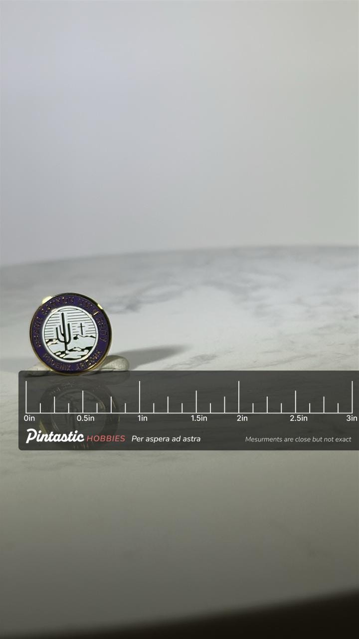 Grand Canyon University Pin: Gold & Purple Enamel - Vintage College Accessory with ruler overlay for size reference