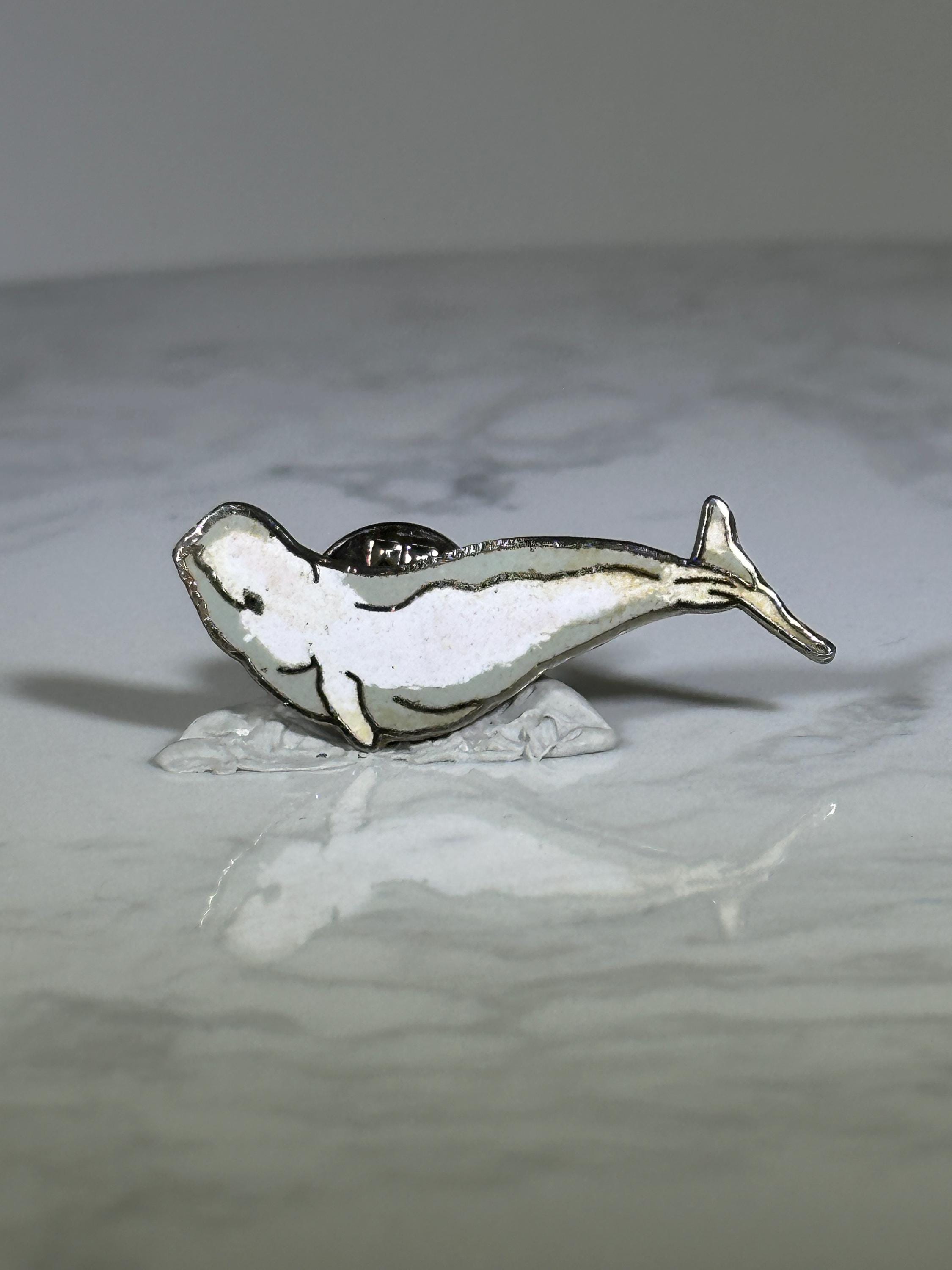 Beluga Whale Lapel Pin: White Enamel Silver Tone - Marine Life Accessory