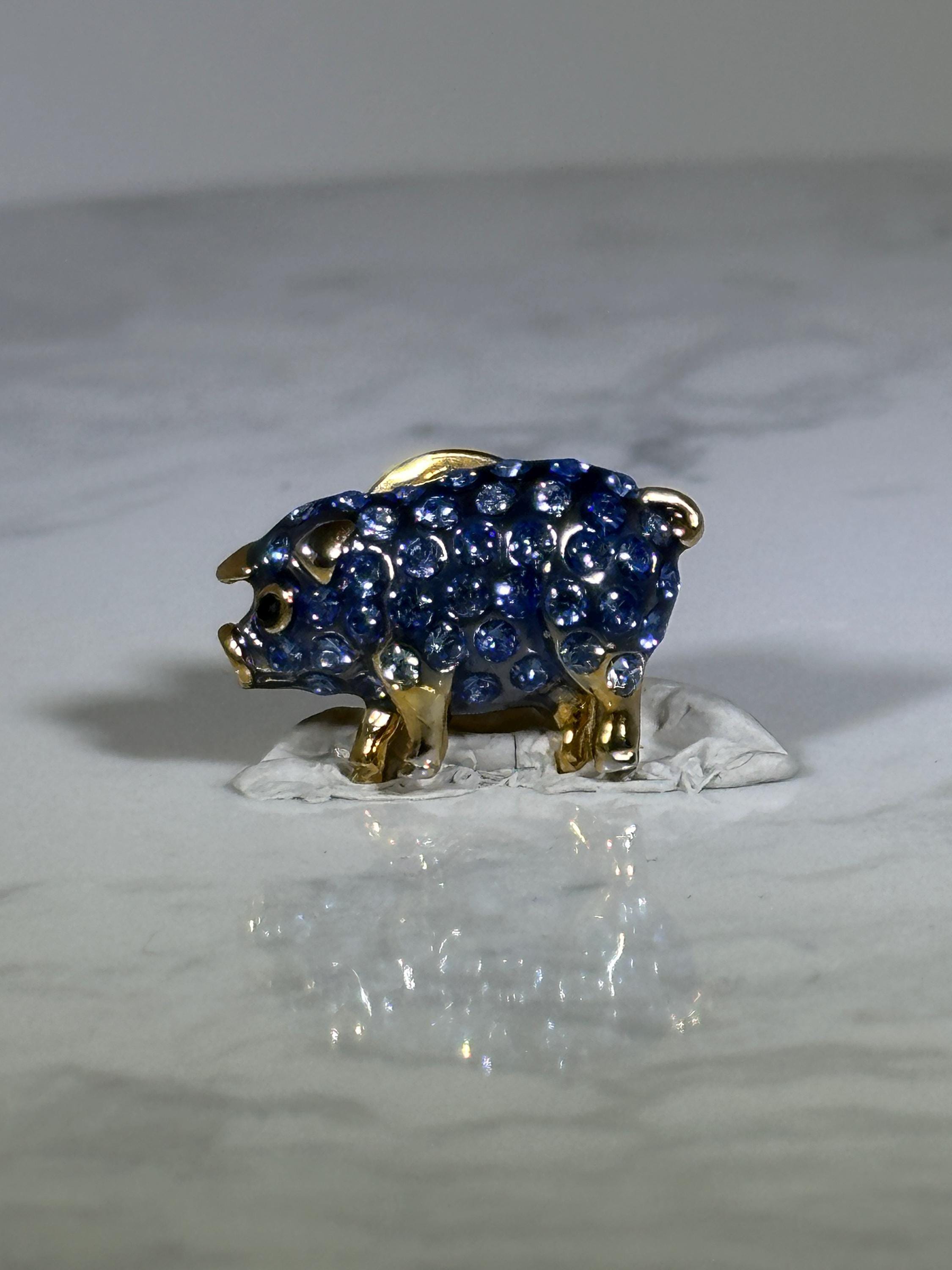 Blue Crystal Pig Pin: Gold Tone Sparkle - Vintage Animal Accessory